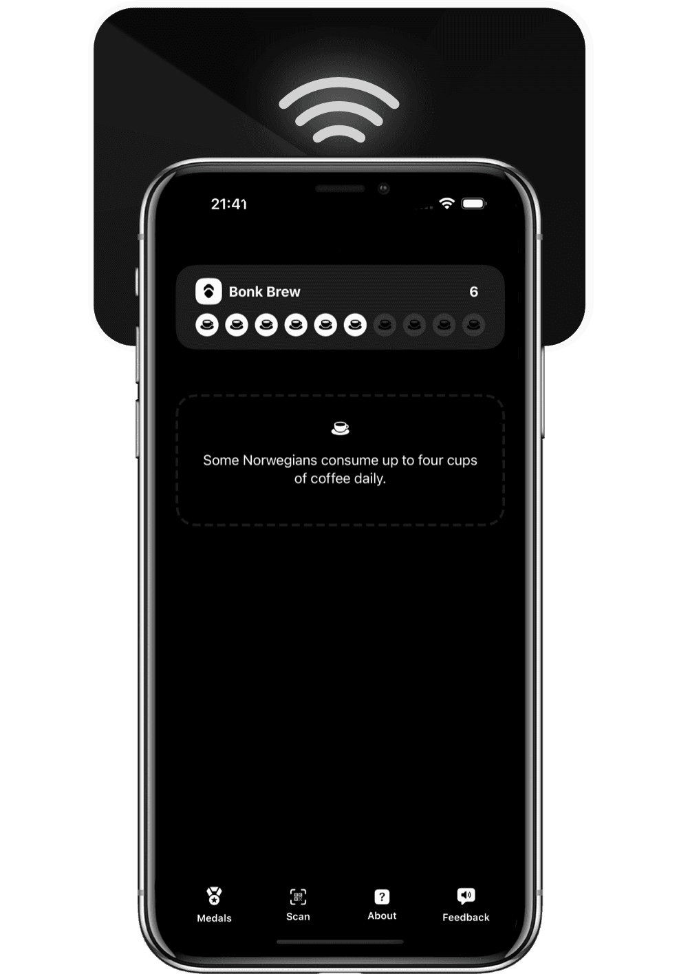 iPhone tapping the NFC pad, the shop's stamp card appearing instantly on screen