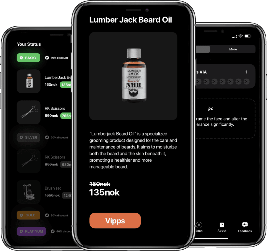 App screens: customer status tiers with discounts and a product page paid with Vipps — the full experience with nothing installed
